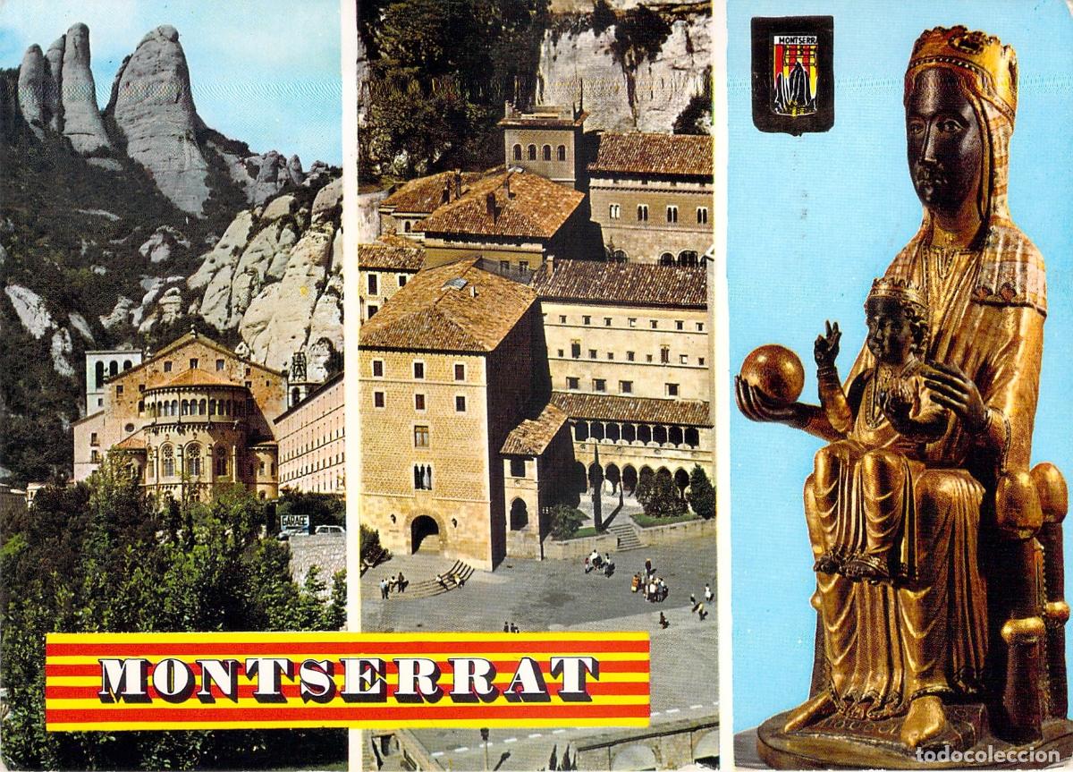 Postales: Postal de Montserrat con el Monasterio y la Virgen de la Moreneta