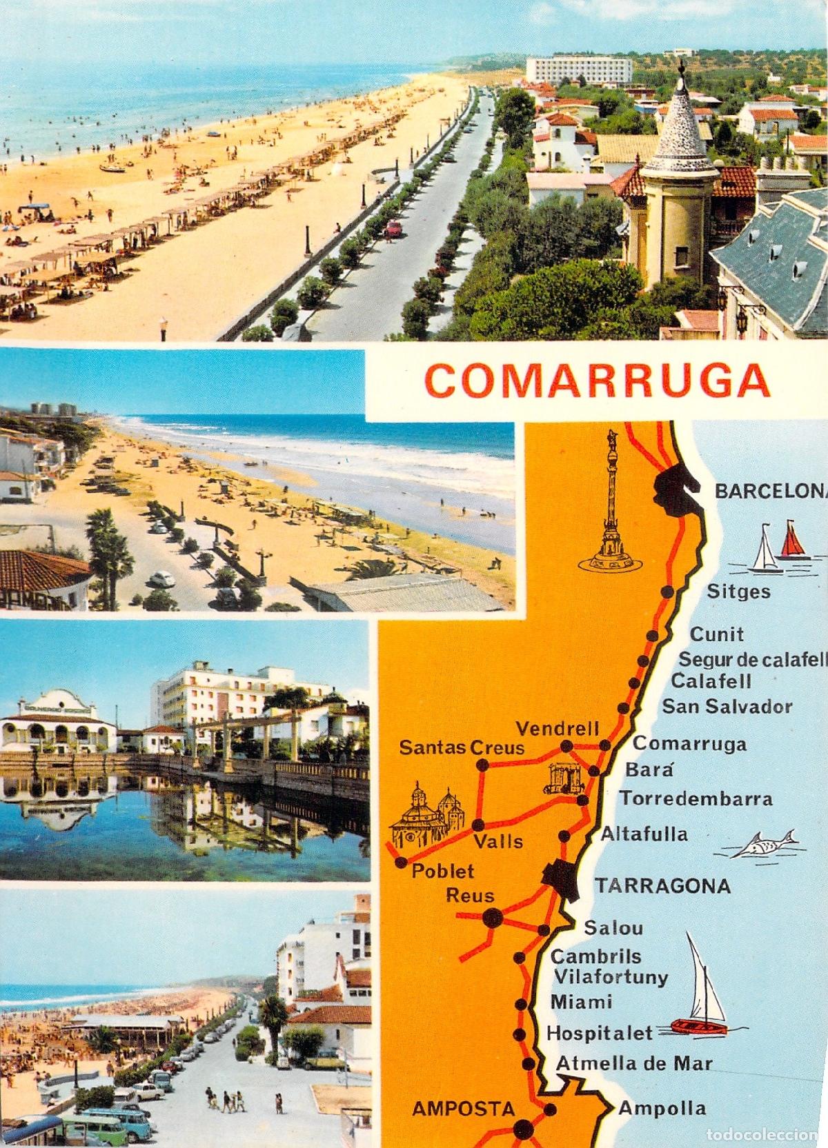 Postkarten: Postal de Comarruga con Mapa y Playas, Costa Dorada