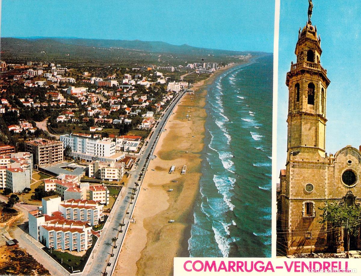 Postkarten: Postal de Comarruga-Vendrell Costa Dorada Tarragona Vista A&eacute;rea e Iglesia