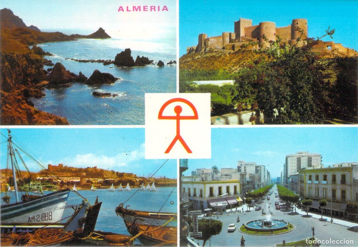 Postales: Postal Multivista de Almer&iacute;a con la Alcazaba, Puerto y S&iacute;mbolo Indalo