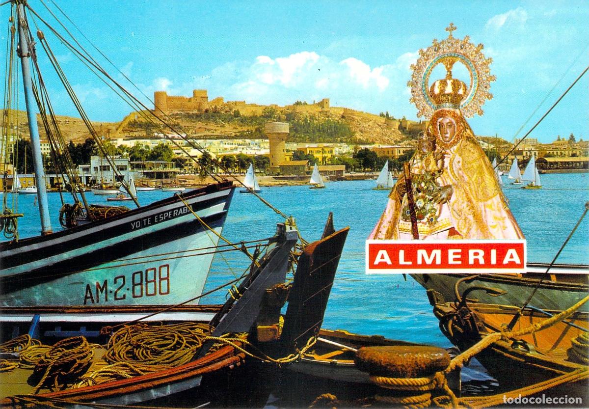 Postales: Postal de Almer&iacute;a con la Virgen del Mar, el Puerto y la Alcazaba