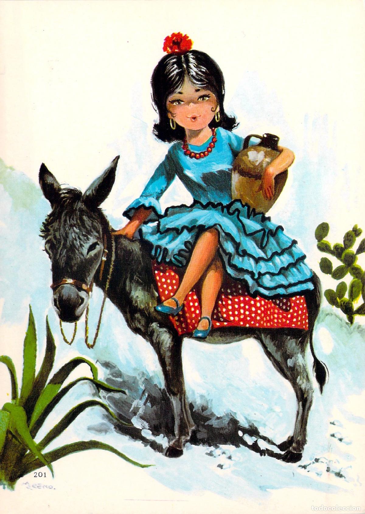 Postales: Postal Ilustraci&oacute;n Estampa T&iacute;pica de Ni&ntilde;a con Traje Flamenco sobre Burro