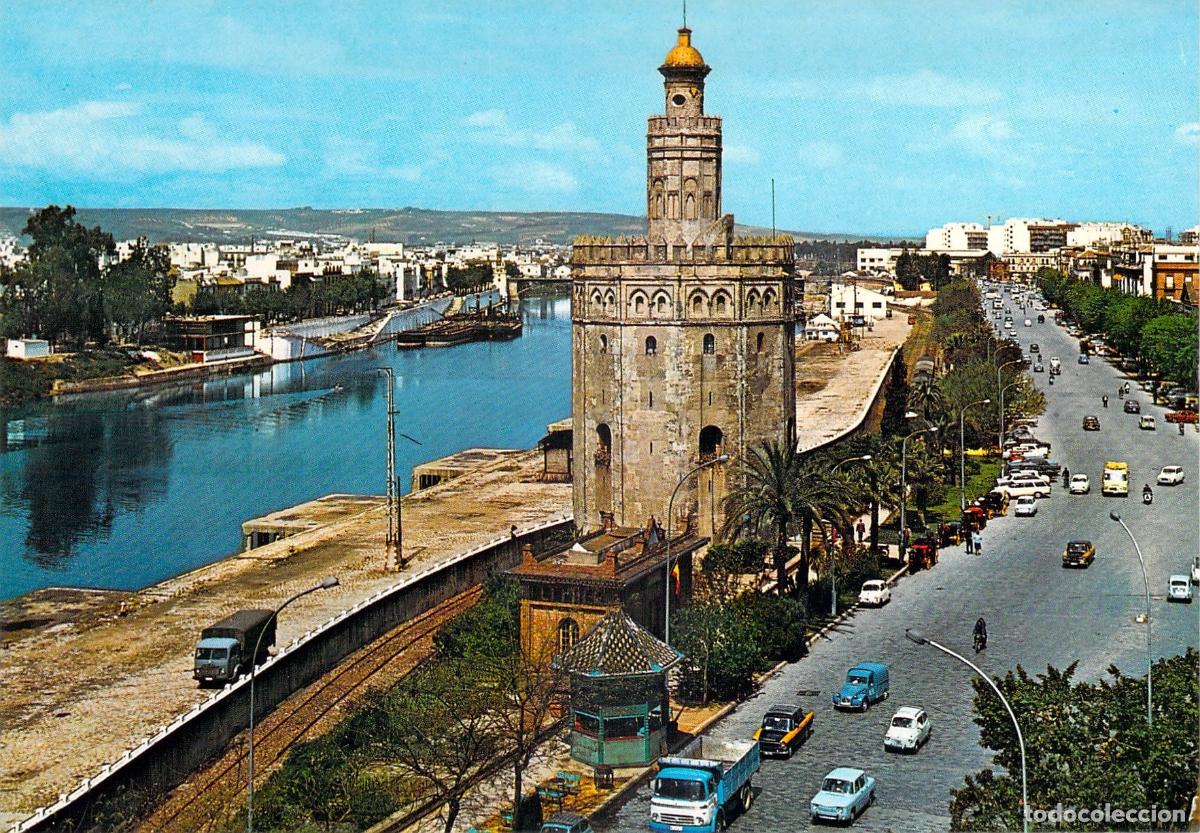 Postales: Postal de Sevilla: Torre del Oro, Paseo de Col&oacute;n y R&iacute;o Guadalquivir