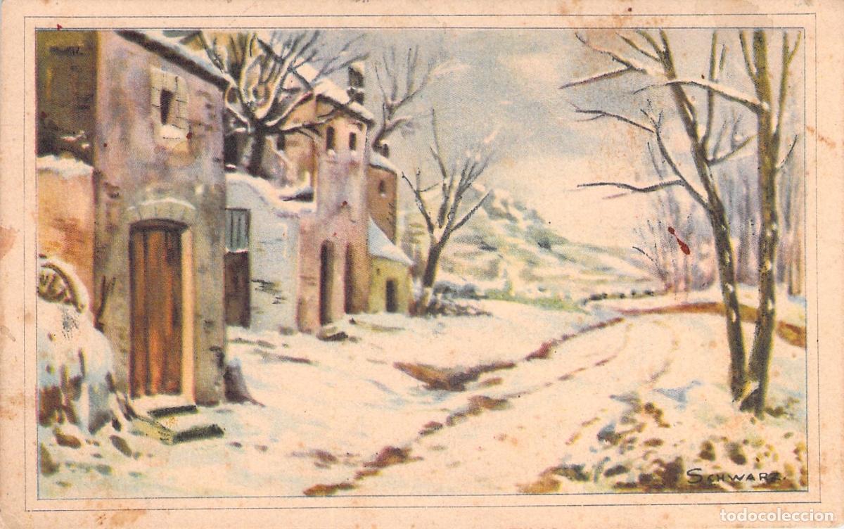 Postales: Postal de paisaje de invierno con casas nevadas