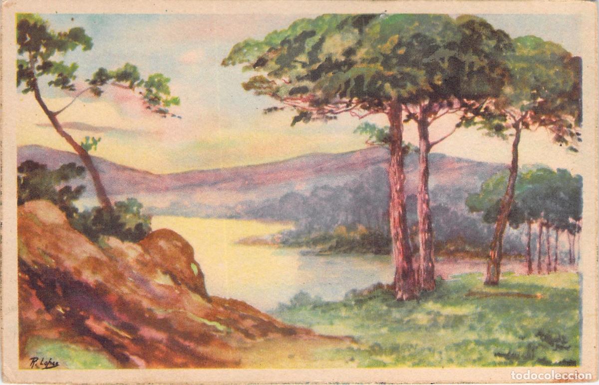 Postales: Postal de paisaje art&iacute;stico con pinos y lago