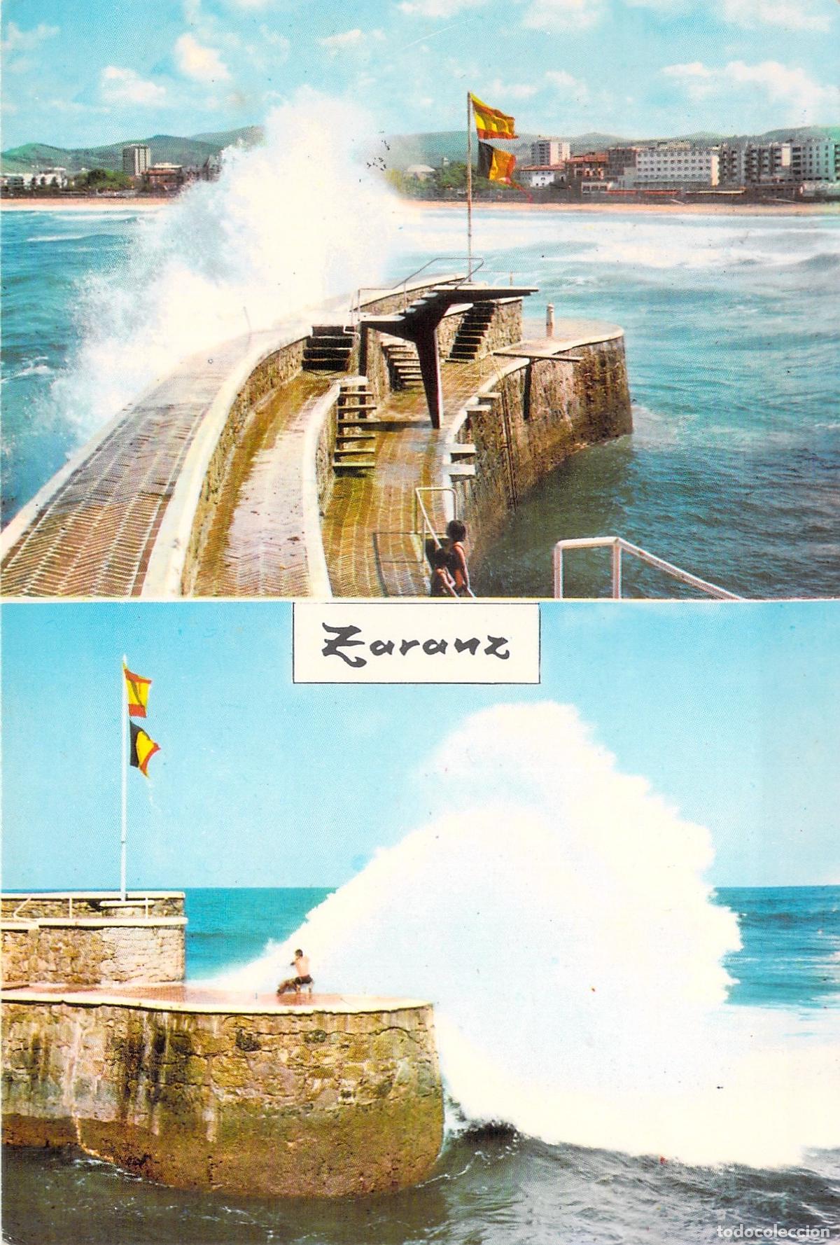 Postales: Postal de Zarautz con oleaje en el puerto