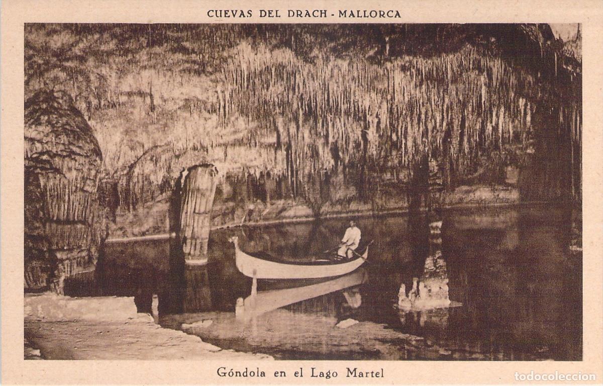 Postales: Postal de Cuevas del Drach con barca en el Lago Martel