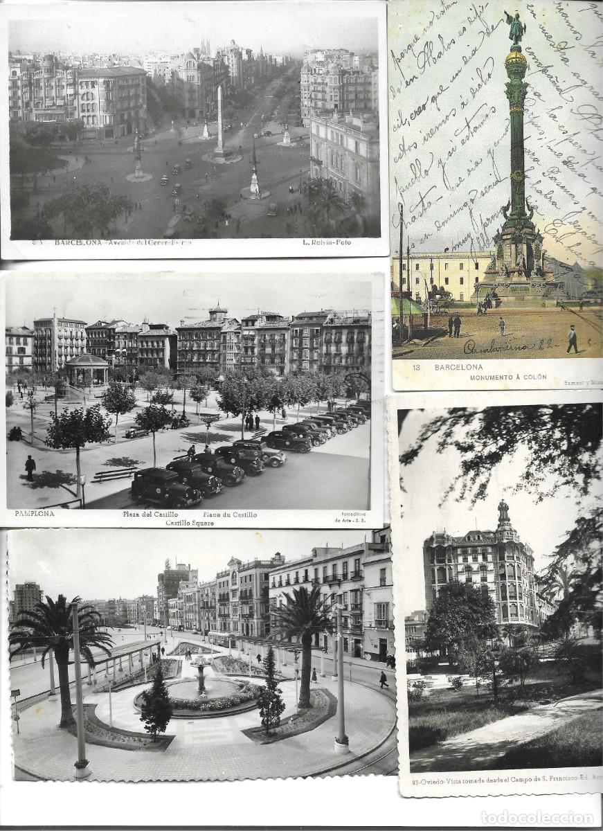 Postales: &rdquo;Vistas de Barcelona, Pamplona, Cadiz, Oviedo&rdquo; Lote de 5 postales fotogr&aacute;ficas antiguas. 9 x 14 cms.