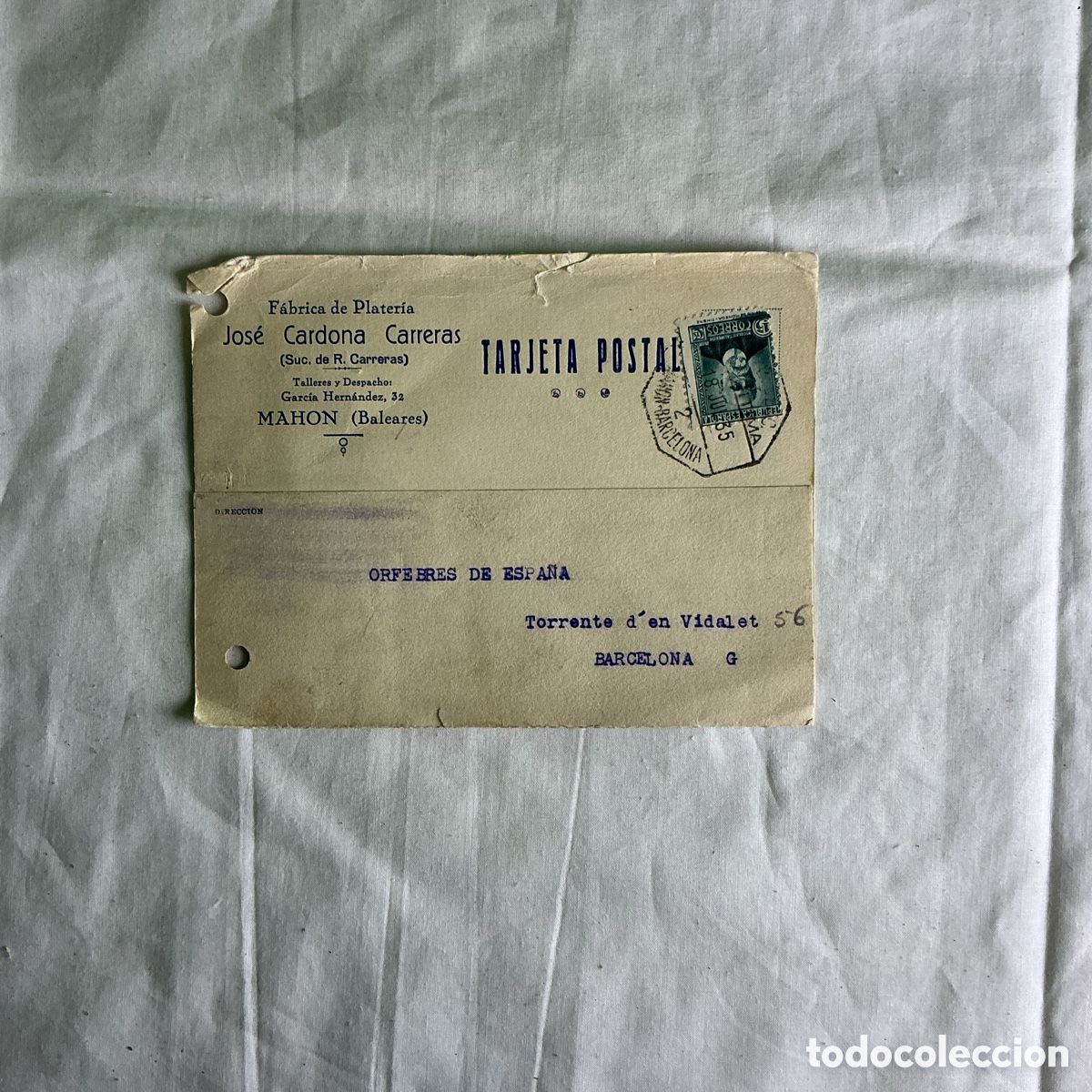 Postales: Tarjeta postal comercial Jos&eacute; Cardona Carreras Mah&oacute;n Baleares Orfebres 1957 Original