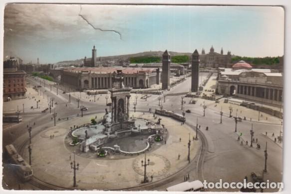 Postales: 619. Barcelona. Plaza de Espa&ntilde;a. La Exposici&oacute;n. Fot. Nicol&aacute;s Reuss. coloreada a mano. Fechada: 13-VI