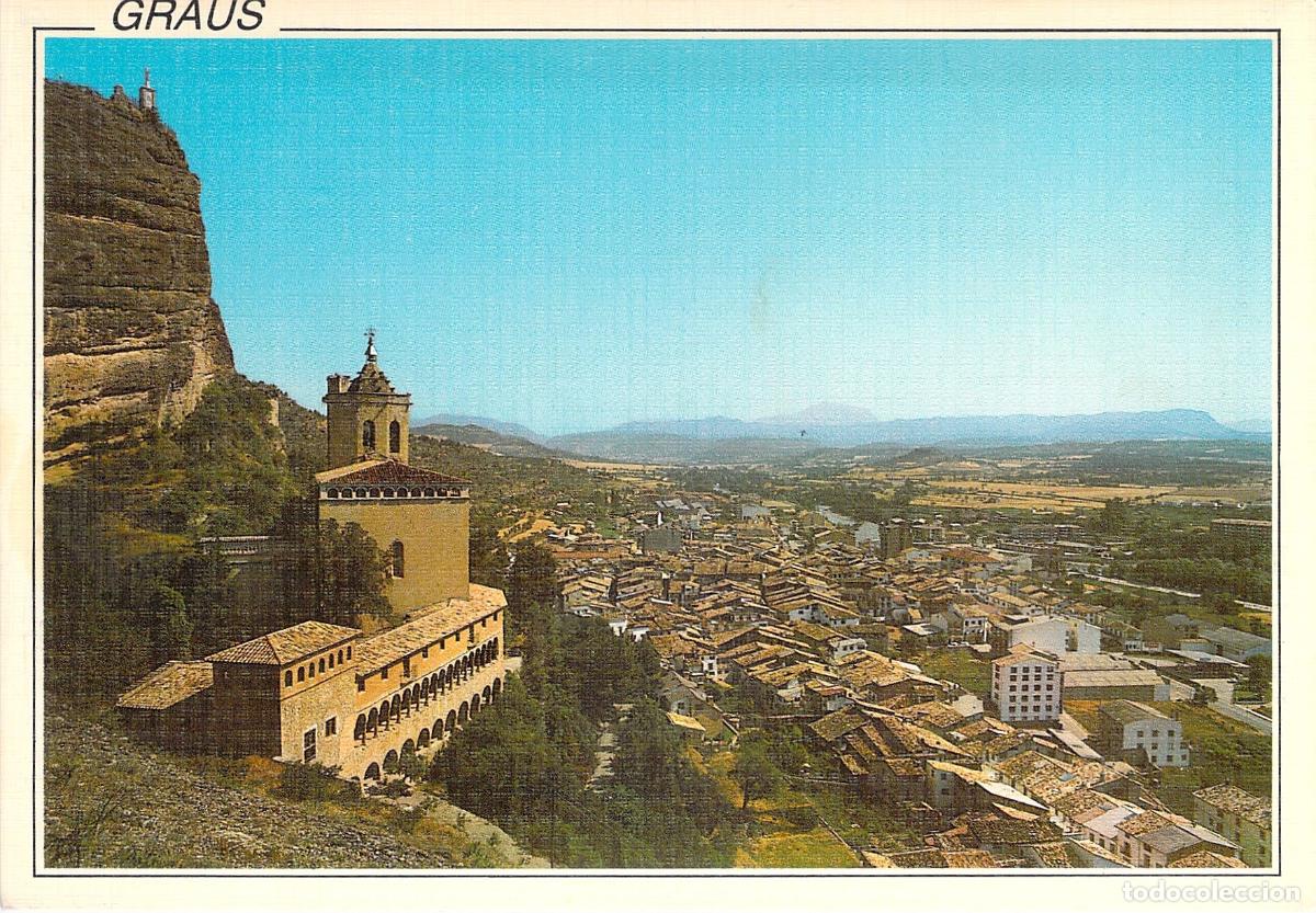 Postales: Postal de Graus con vista a la Bas&iacute;lica de la Virgen de la Pe&ntilde;a