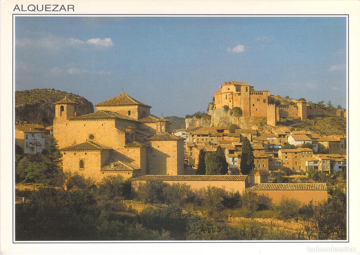 Postales: Postal de Alquezar, Huesca, vista parcial del pueblo y su iglesia