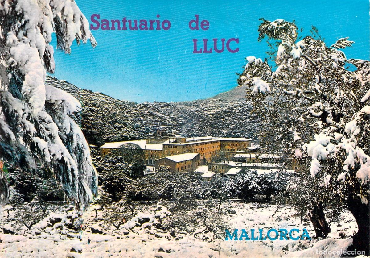 Postales: Postal del Santuario de Lluc bajo la nieve en Mallorca