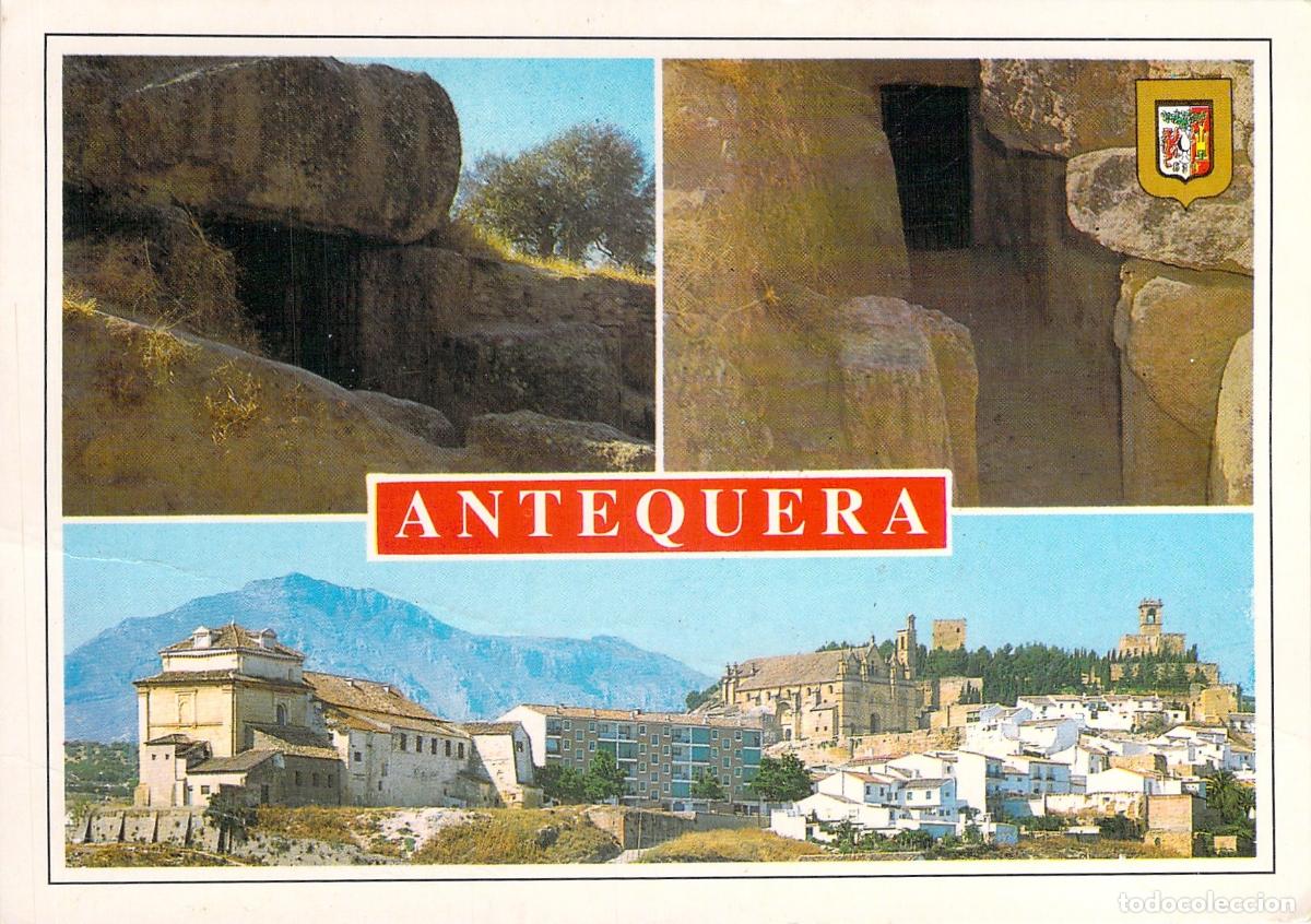 Postales: Postal de Antequera con vistas a los D&oacute;lmenes y paisaje urbano