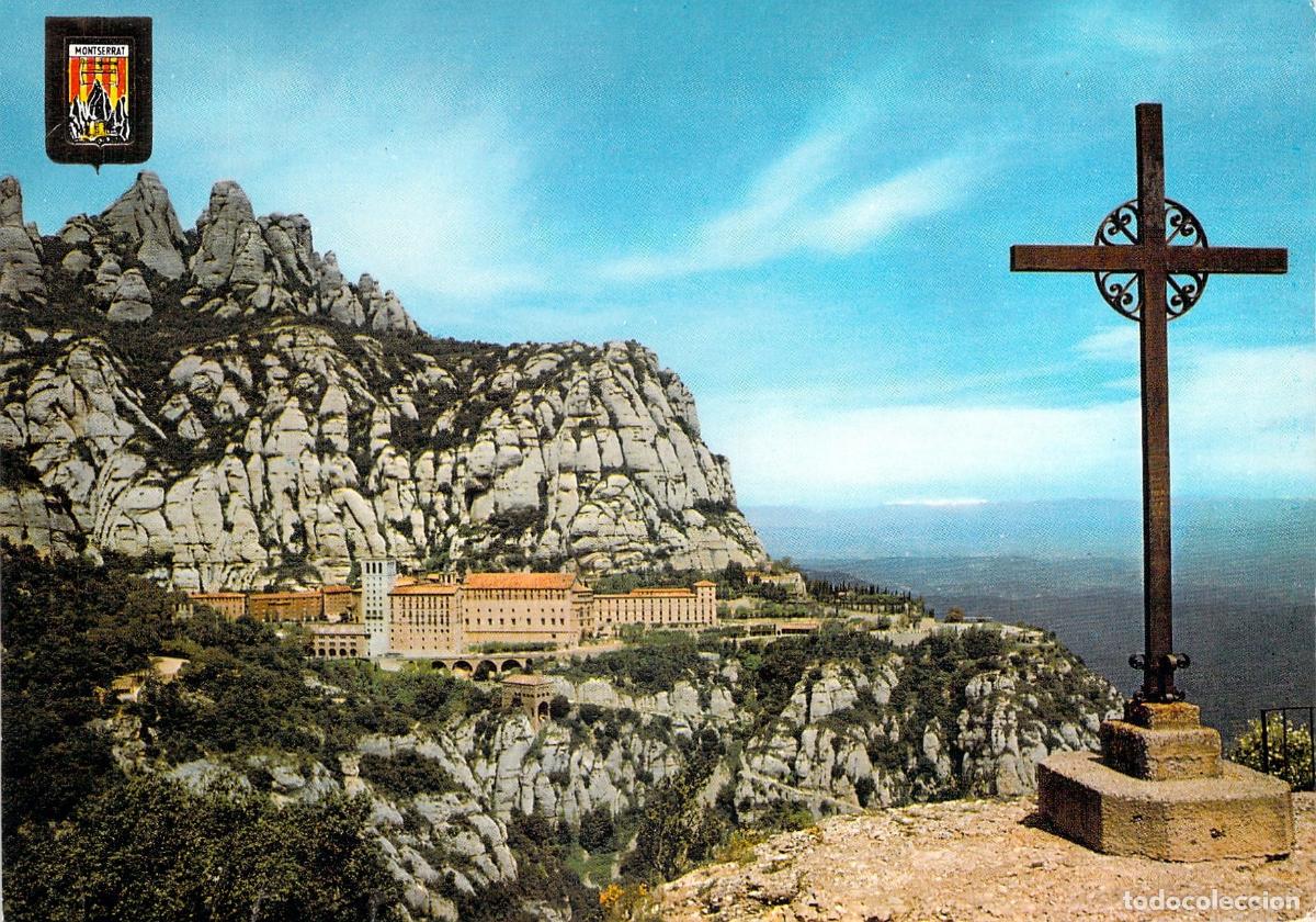 Postales: Postal de Montserrat con vista al monasterio y cruz