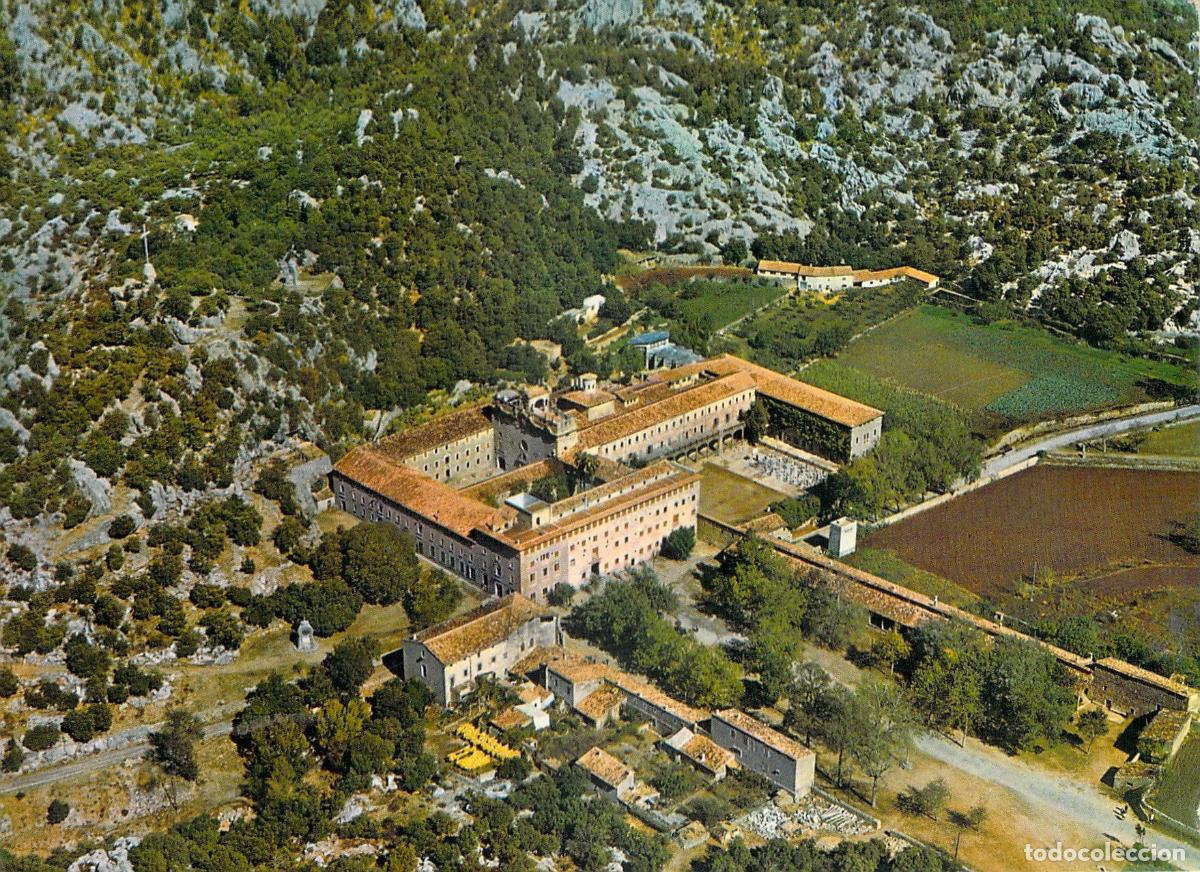 Postales: Postal de vista a&eacute;rea del Santuario de Lluc, Mallorca