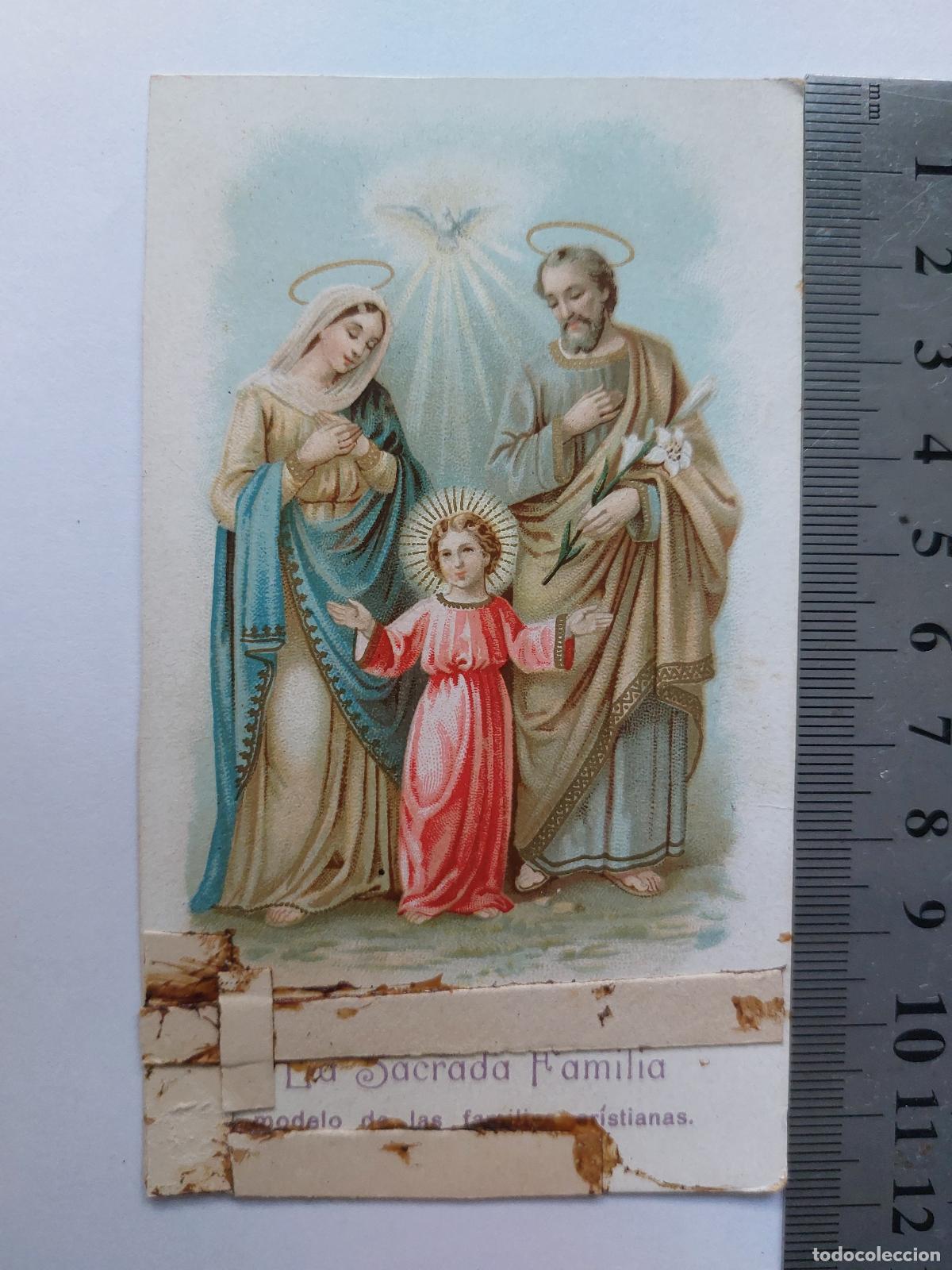 Postales: Estampa religiosa de la Sagrada Familia con oraci&oacute;n impresa