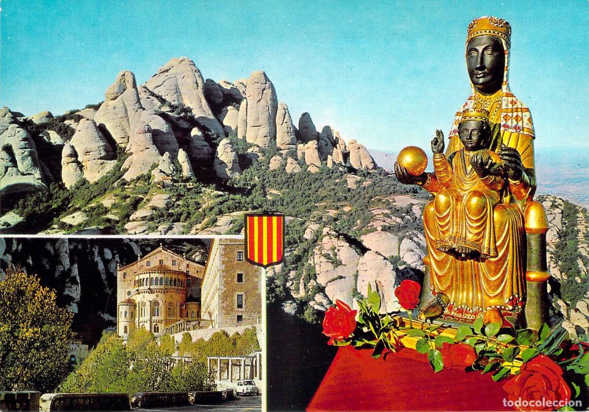 Postales: Postal de la Virgen de Montserrat con paisaje del monasterio