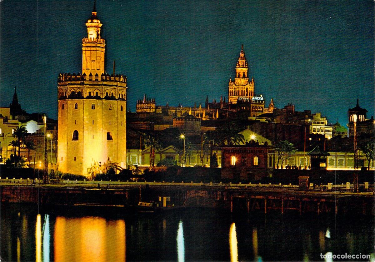 Postales: Postal de Sevilla, Torre del Oro y Giralda iluminadas por la noche