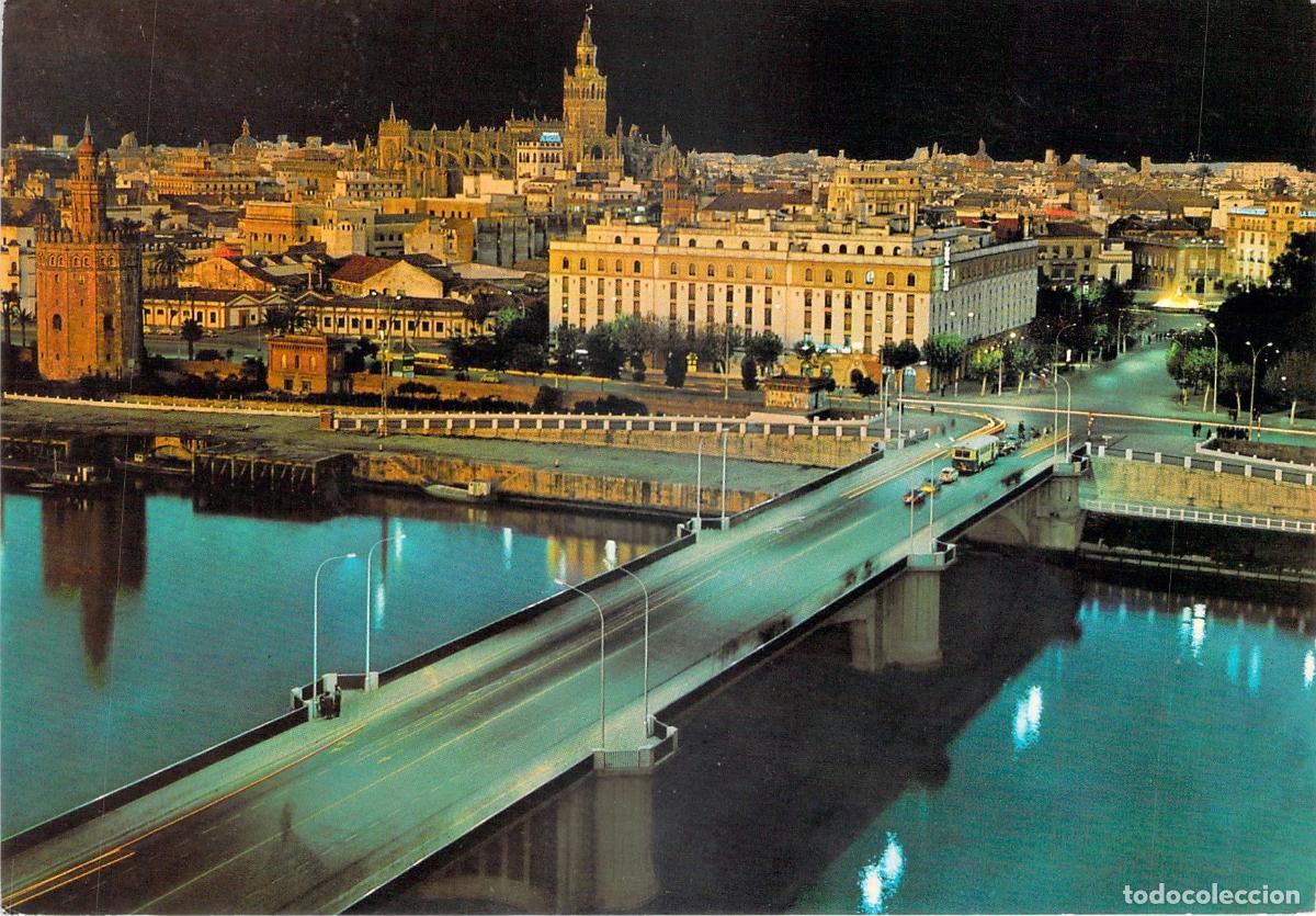 Postales: Postal de Sevilla de noche con vista al r&iacute;o y la Torre del Oro
