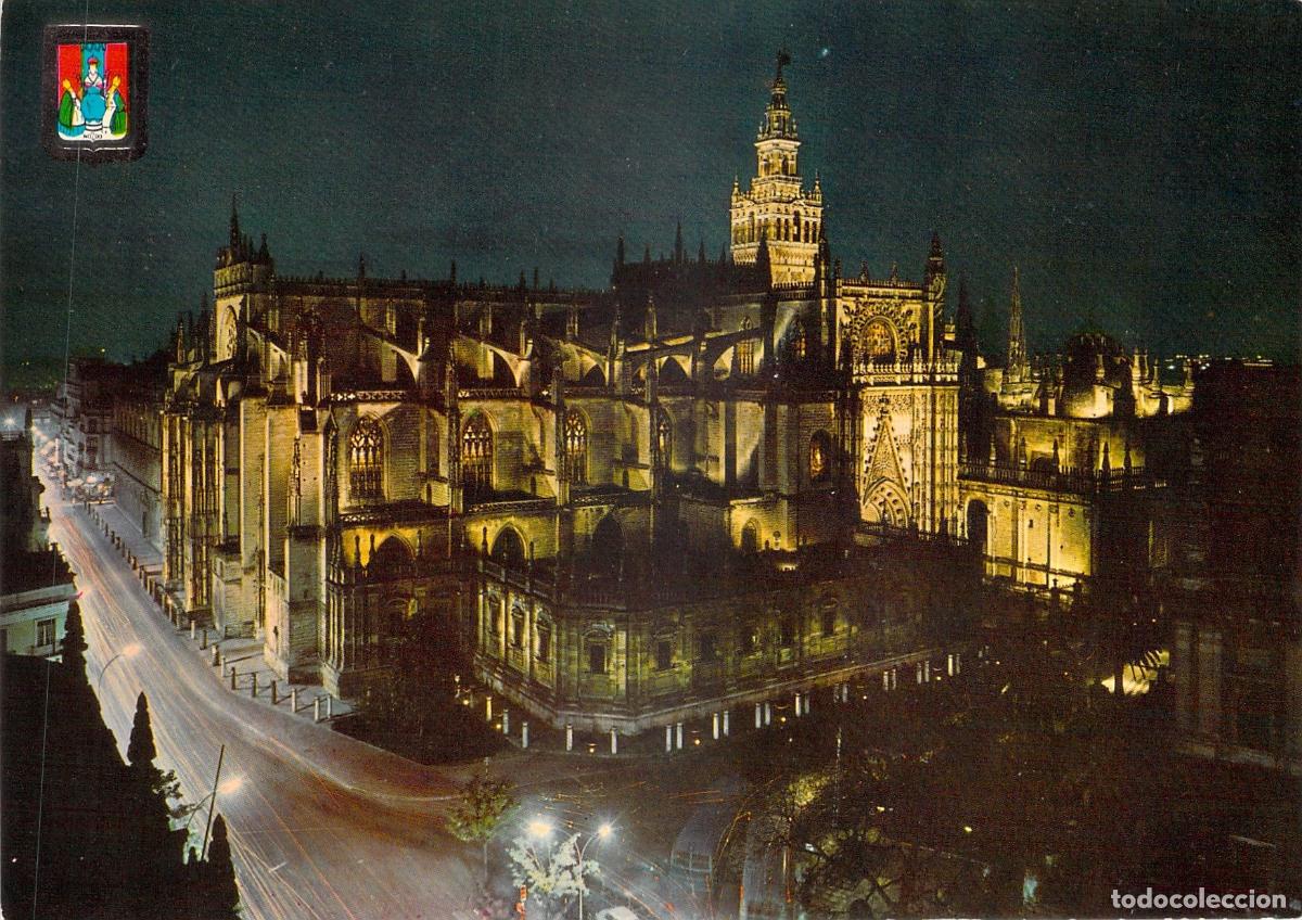 Postales: Postal de la Catedral de Sevilla iluminada de noche