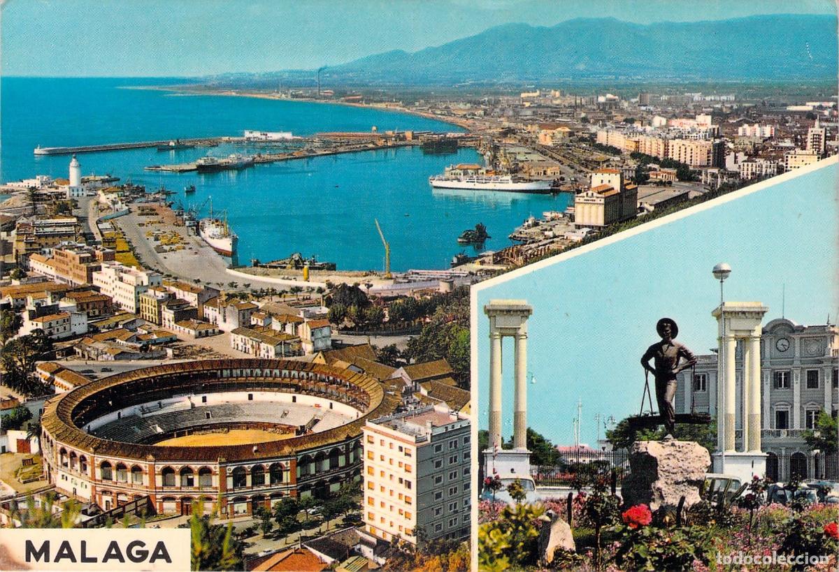 Postales: Postal de M&aacute;laga: Puerto y Plaza de Queipo de Llano
