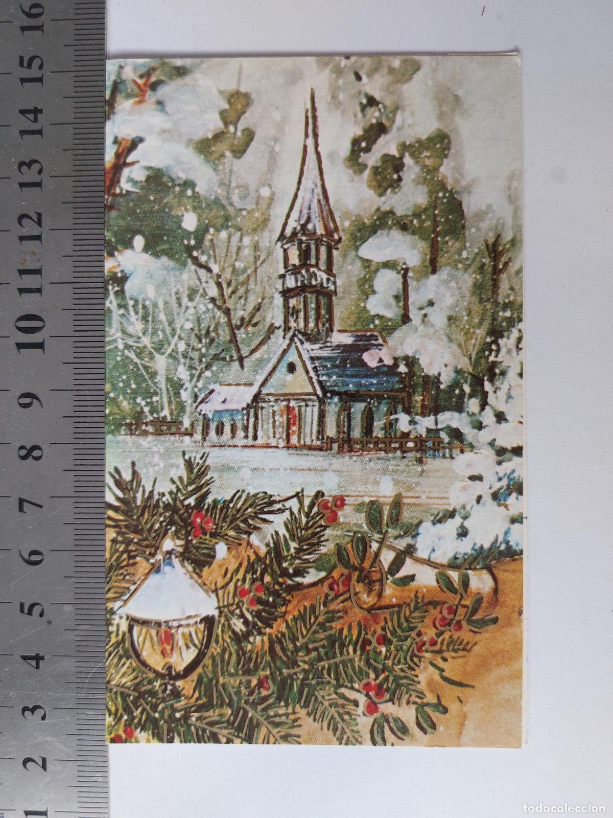 Postales: Estampa de Navidad con ilustraci&oacute;n de iglesia nevada
