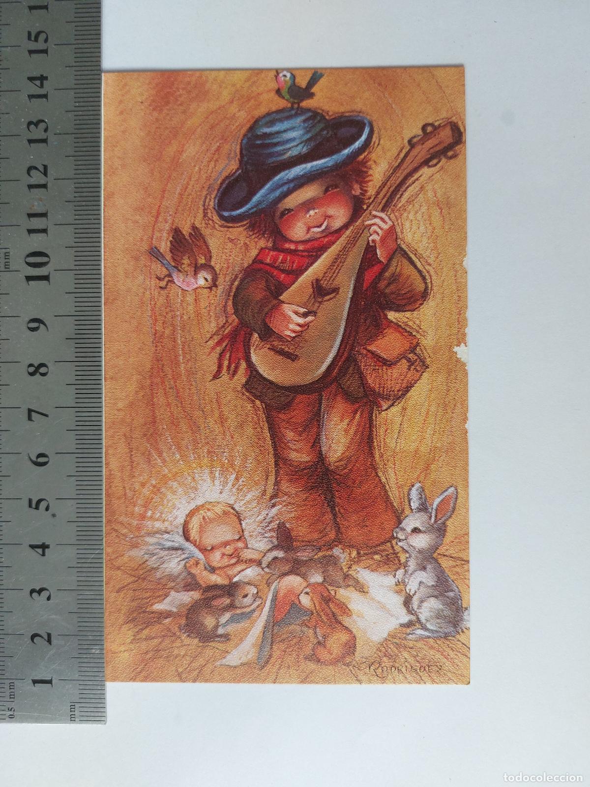 Postales: Estampa ilustrada de ni&ntilde;o con la&uacute;d y conejos