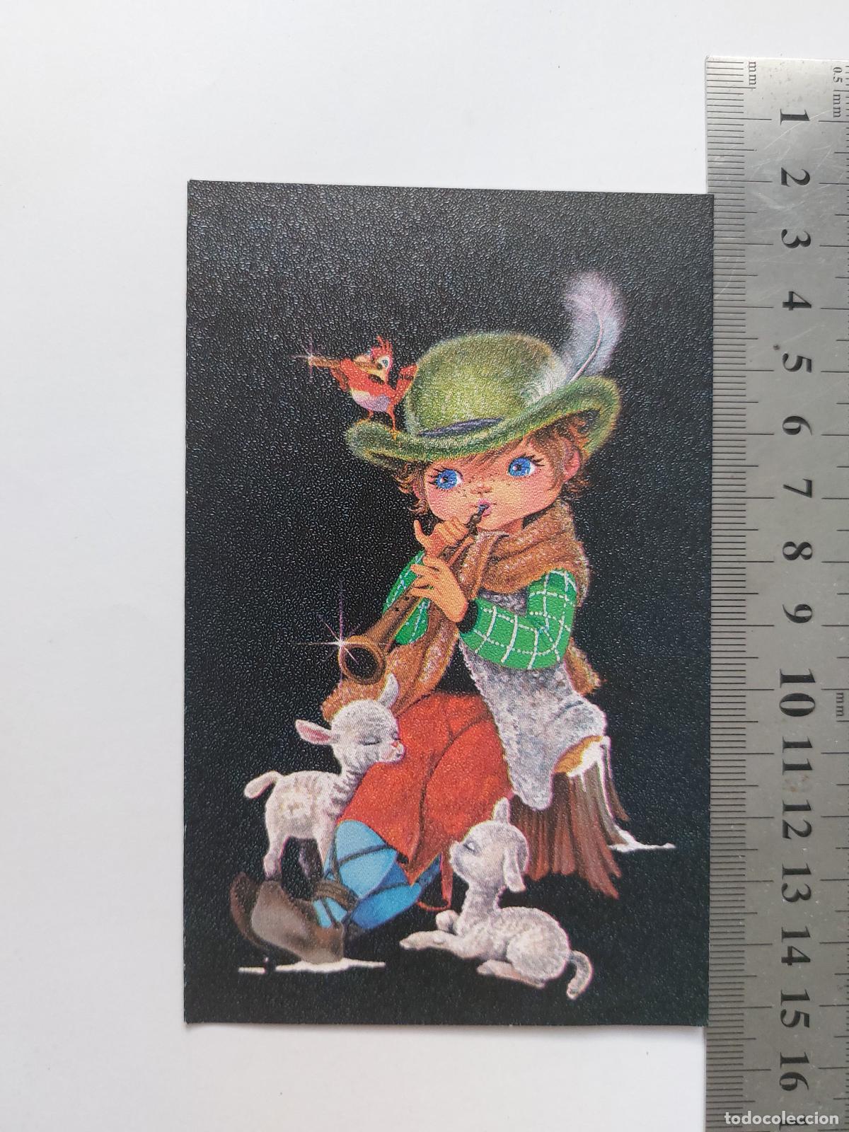 Postales: Estampa ilustrada de ni&ntilde;o tocando la flauta con corderos