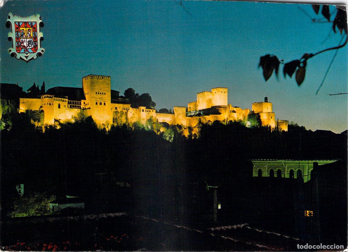 Postales: Postal de la Alhambra de Granada iluminada de noche