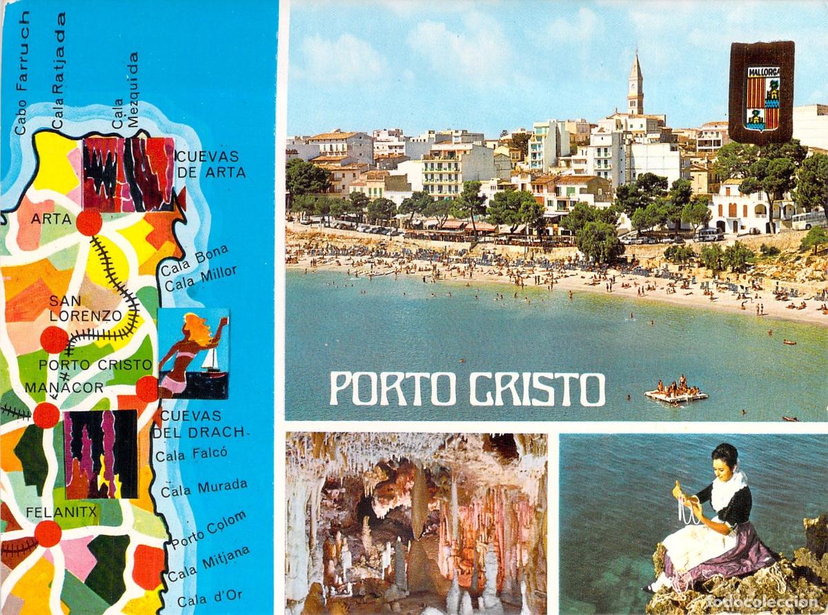 Postales: Postal de Porto Cristo con mapa y vistas de Mallorca