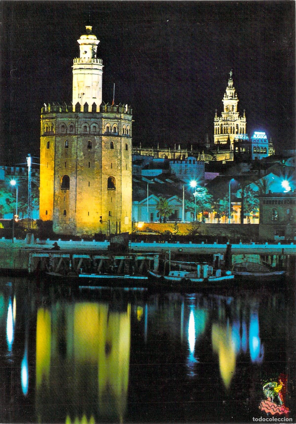 Postales: Postal de la Torre del Oro en Sevilla iluminada de noche
