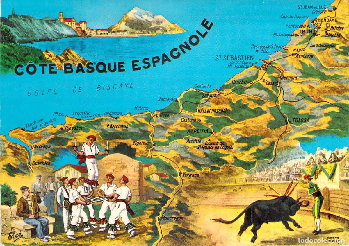 Postales: Postal de la Costa Vasca con mapa e ilustraciones culturales