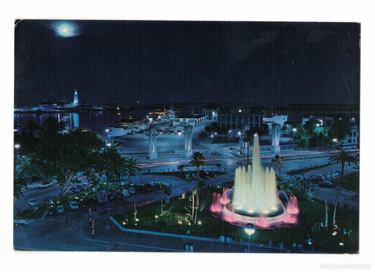Postales: Postal M&aacute;laga &ndash; Plaza Queipo de Llano y Puerto de noche (Andaluc&iacute;a)
