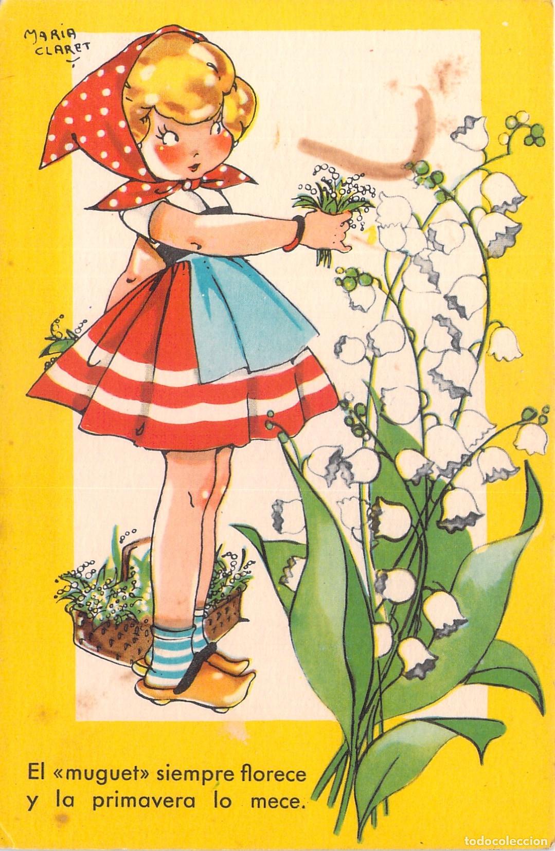 Postales: Postal ilustrada de ni&ntilde;a con lirios del valle de la colecci&oacute;n Mar&iacute;a Claret