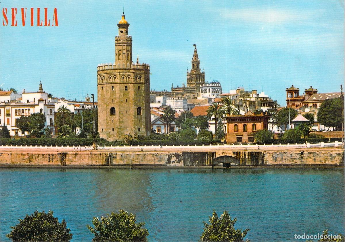 Postales: Postal de Sevilla con la Torre del Oro y vista parcial del r&iacute;o