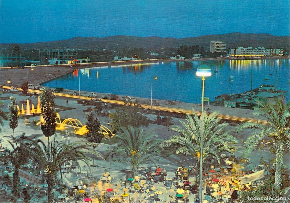 Postales: Postal de San Antonio Ibiza vista nocturna de la bah&iacute;a y fuentes