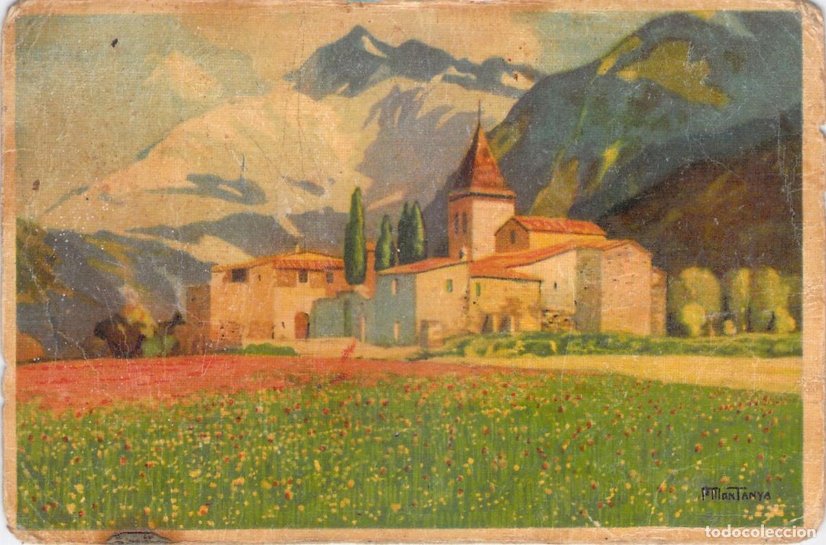 Postales: Postal de paisaje rural con monta&ntilde;a y pueblo tradicional
