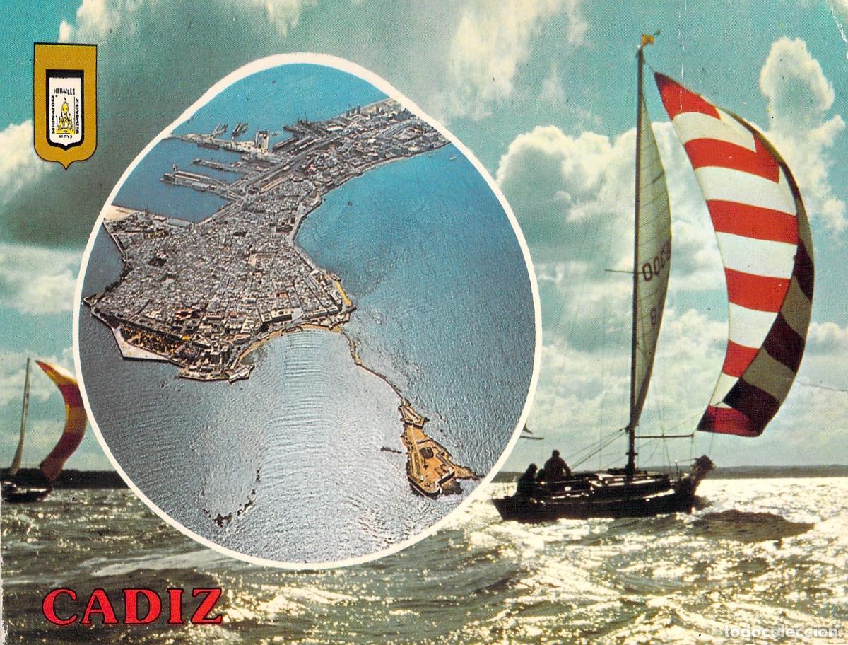 Postales: Postal de vista a&eacute;rea de C&aacute;diz con velero