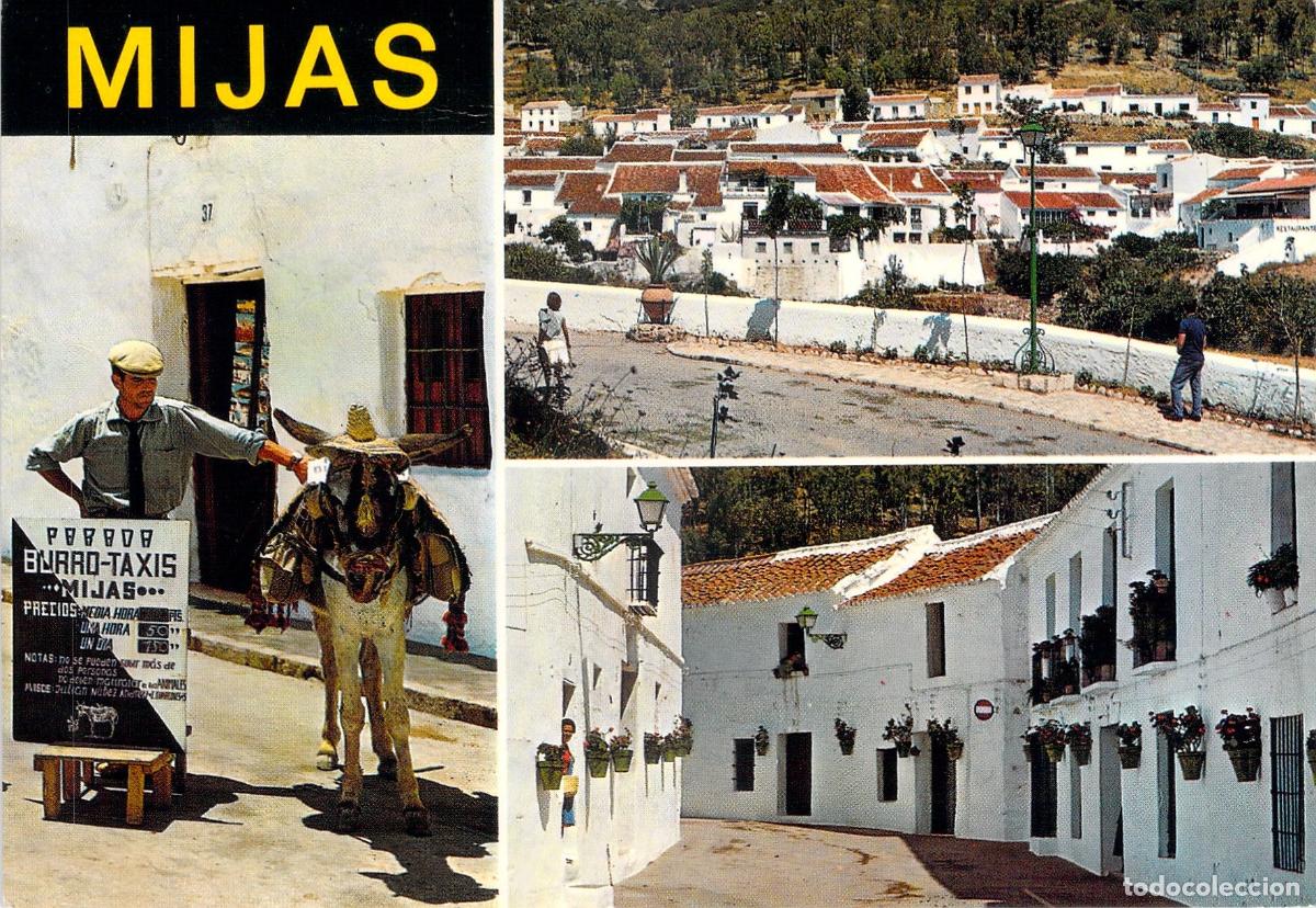 Postales: Postal de Mijas M&aacute;laga con vistas del pueblo y burro taxi