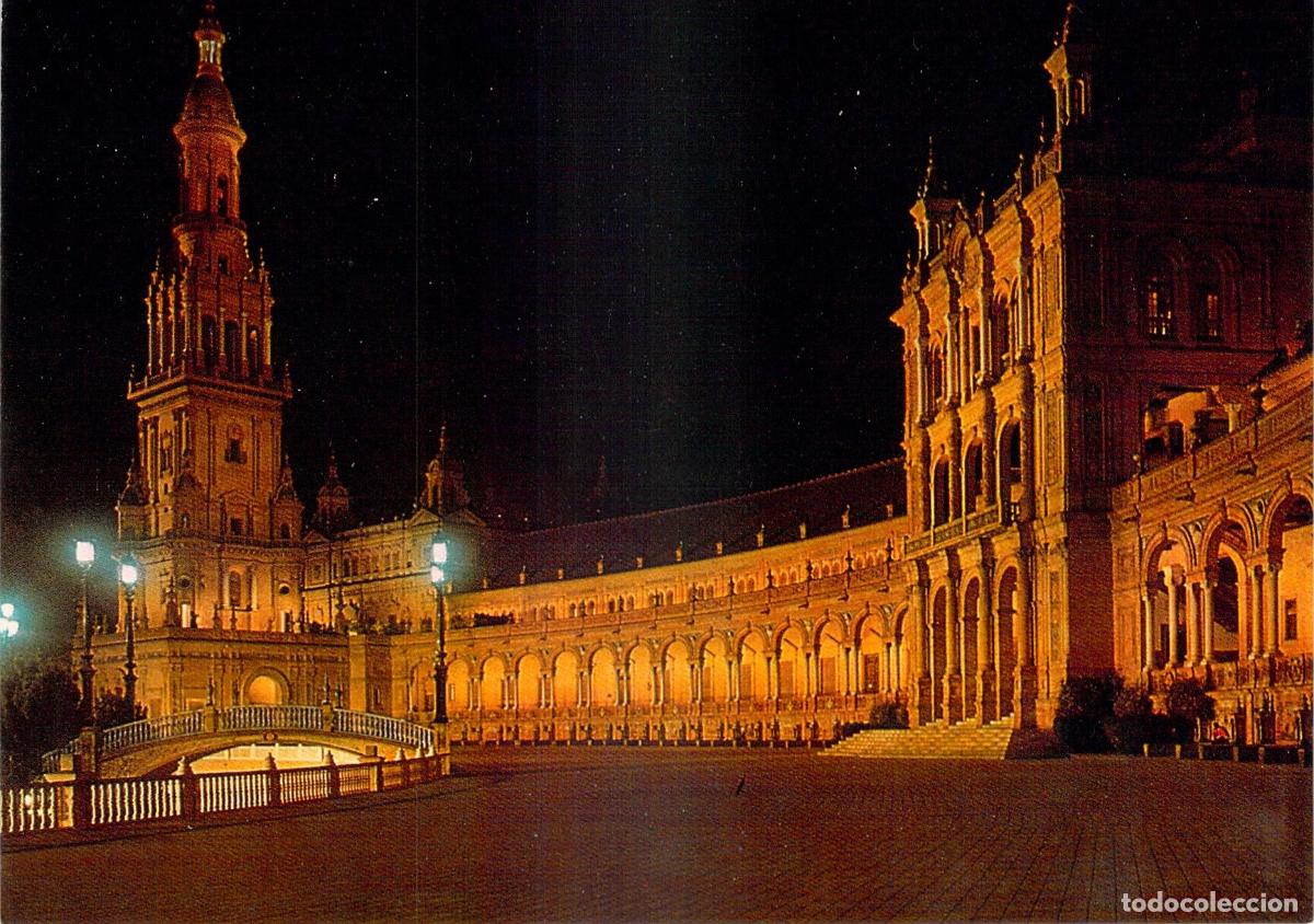 Postales: Postal de la Plaza de Espa&ntilde;a en Sevilla de noche