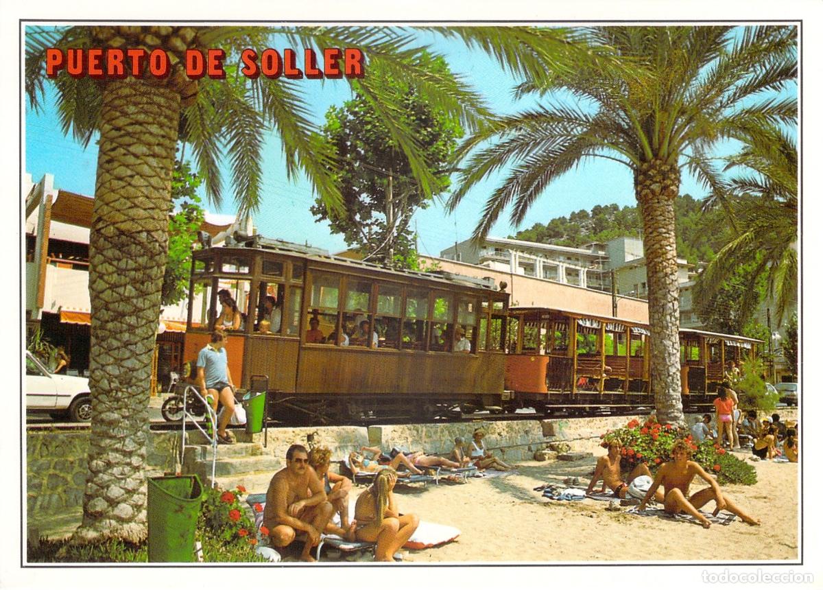 Postales: Postal de Puerto de Soller, Mallorca con el hist&oacute;rico tranv&iacute;a junto a la playa