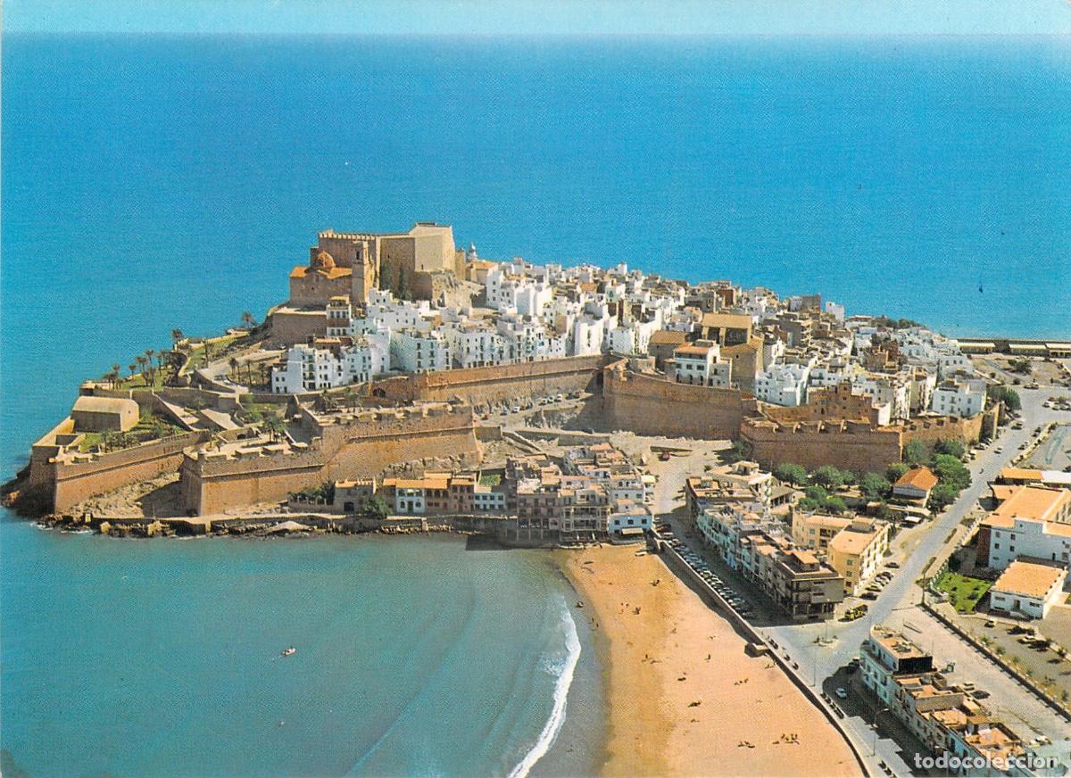 Postales: Postal de Pe&ntilde;&iacute;scola, vista a&eacute;rea del castillo y la costa