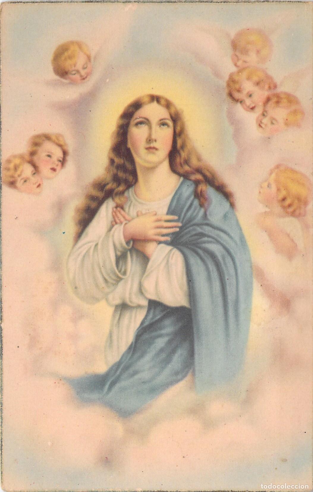 Postales: Postal de arte religioso con la imagen de la Virgen Mar&iacute;a y &aacute;ngeles