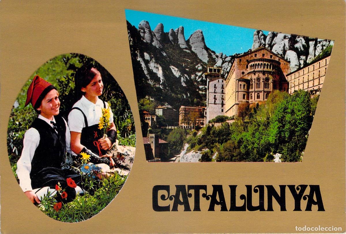 Postales: Postal de Montserrat y Ni&ntilde;os en Traje Regional de Catalu&ntilde;a