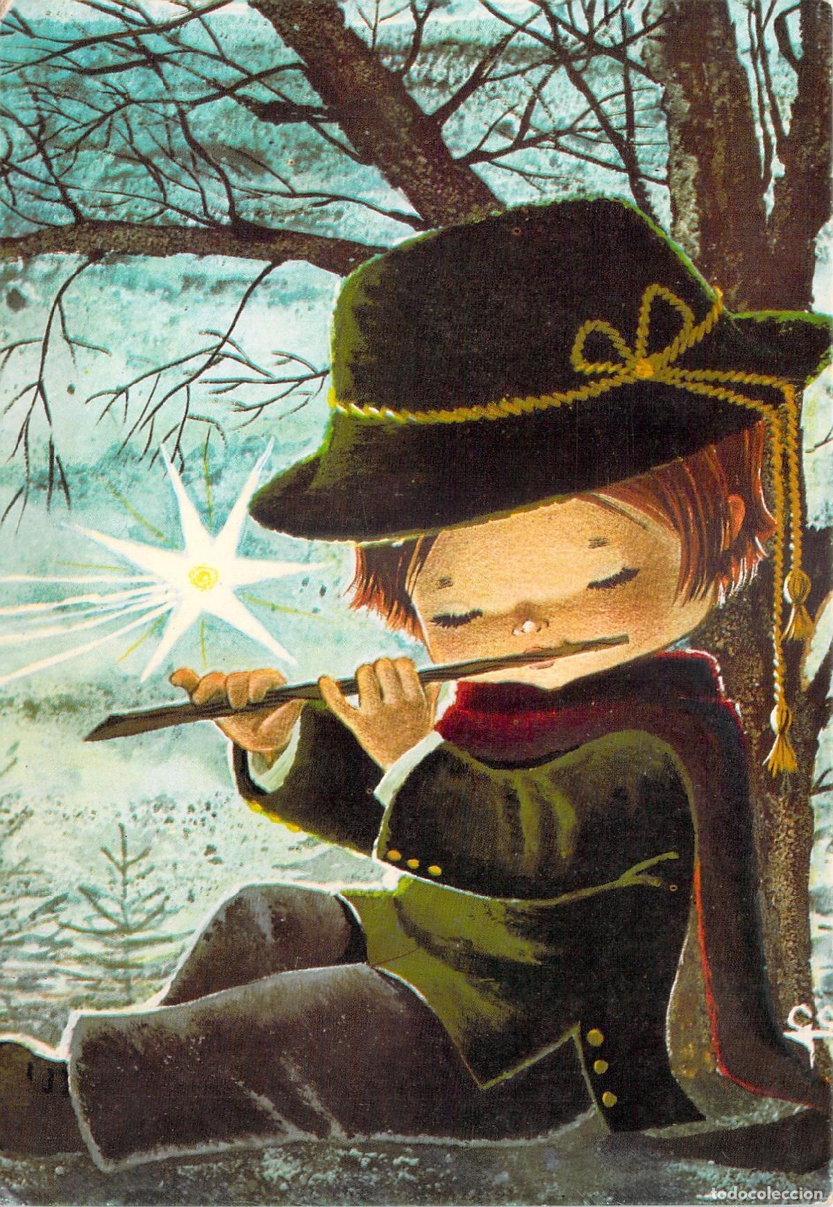 Postales: Postal navide&ntilde;a con ilustraci&oacute;n de ni&ntilde;o tocando la flauta