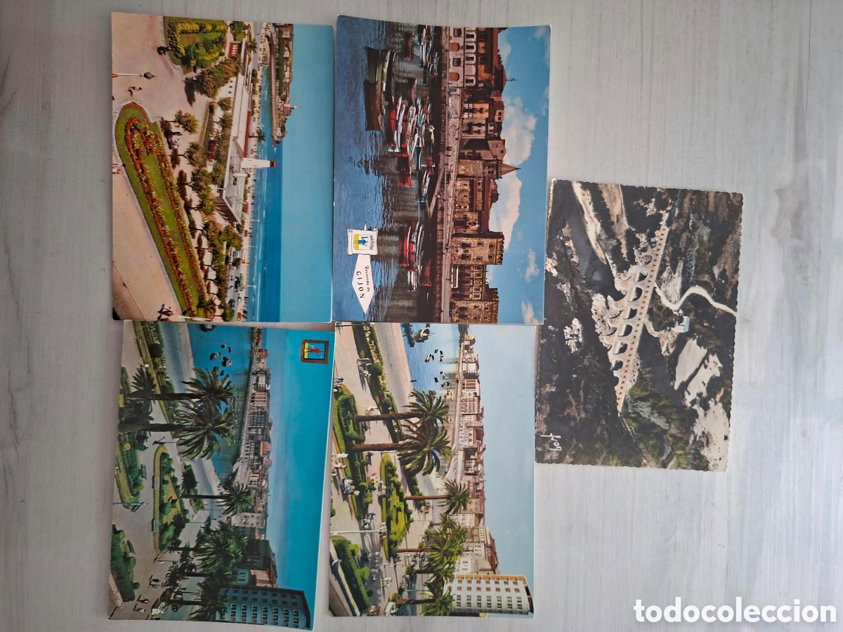 Postales: 4 postales de Gij&oacute;n sin usar y postal de Francia