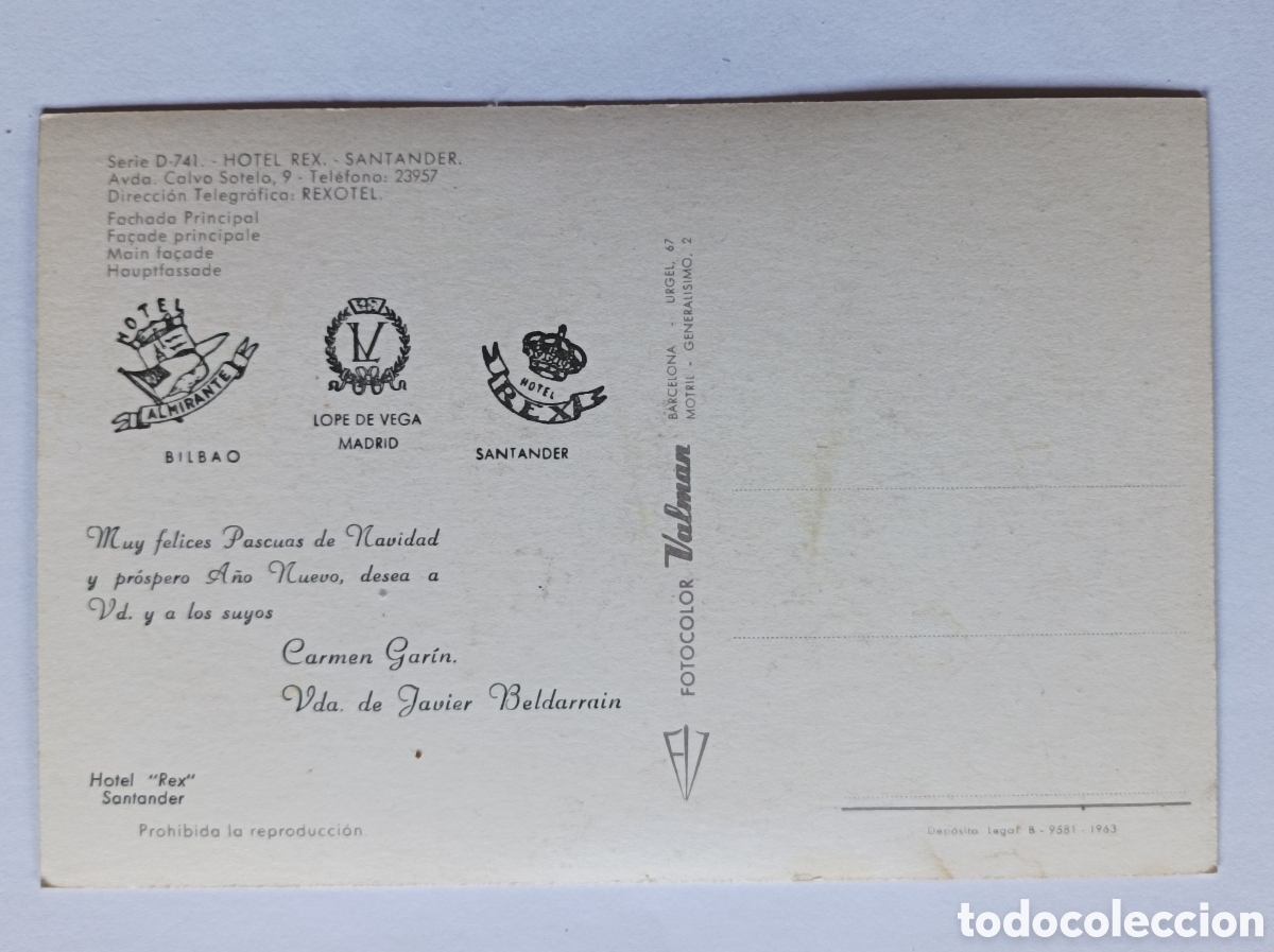 Postales: HOTEL REX. SANTANDER. VALMAN. SIN CIRCULAR. - Foto 2