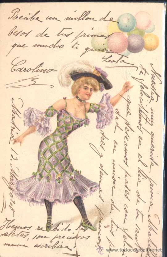 Postales: ILUSTRADORES.-POSTAL CON RELIEVE .MUJER CON GLOBOS - Foto 1