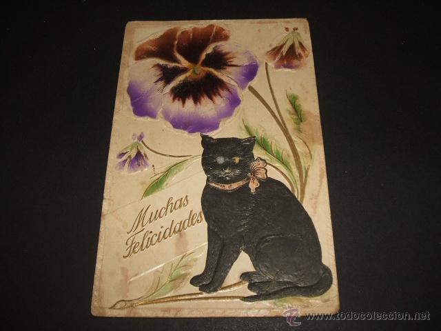 Postales: GATO Y FLOR EN RELIEVE POSTAL - Foto 1